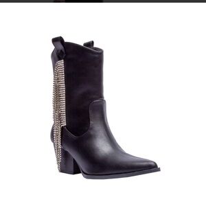 Qupid Black Heeled Boots with Rhinestone Accents